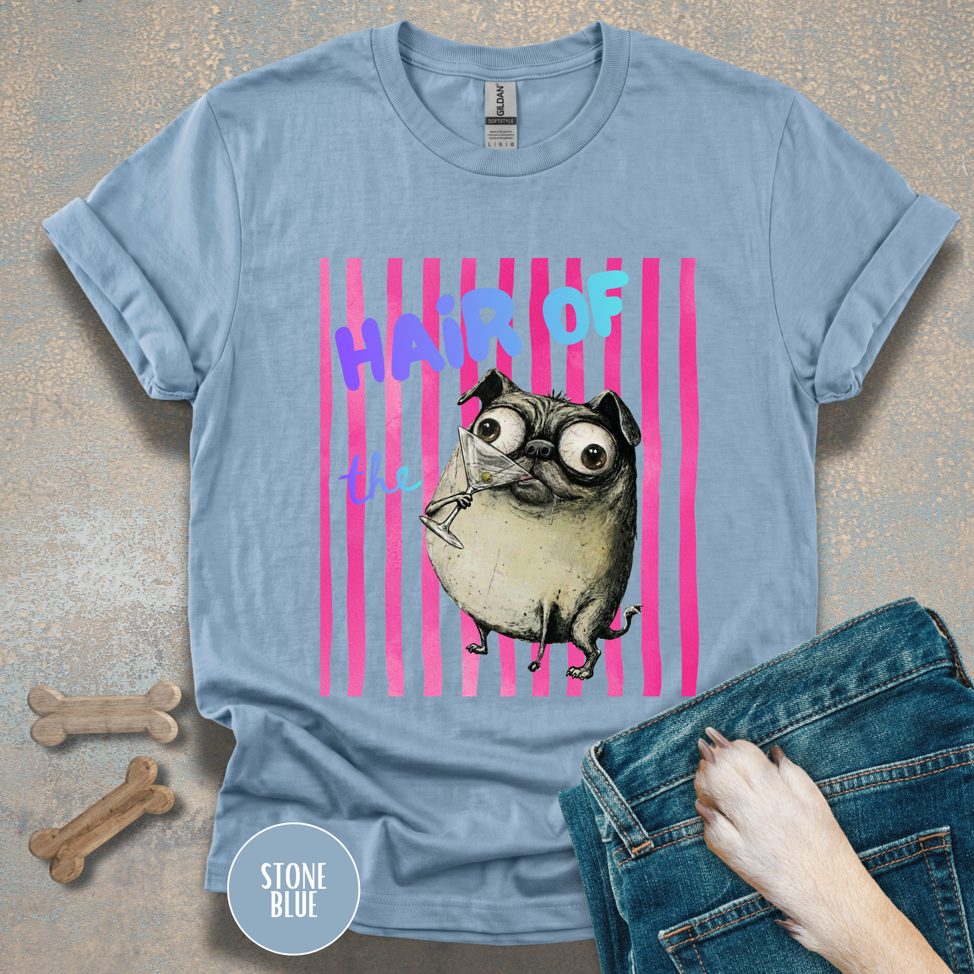 Hair of the Dog Pug Hangover T-Shirt. Pink stripes, blue gradient text