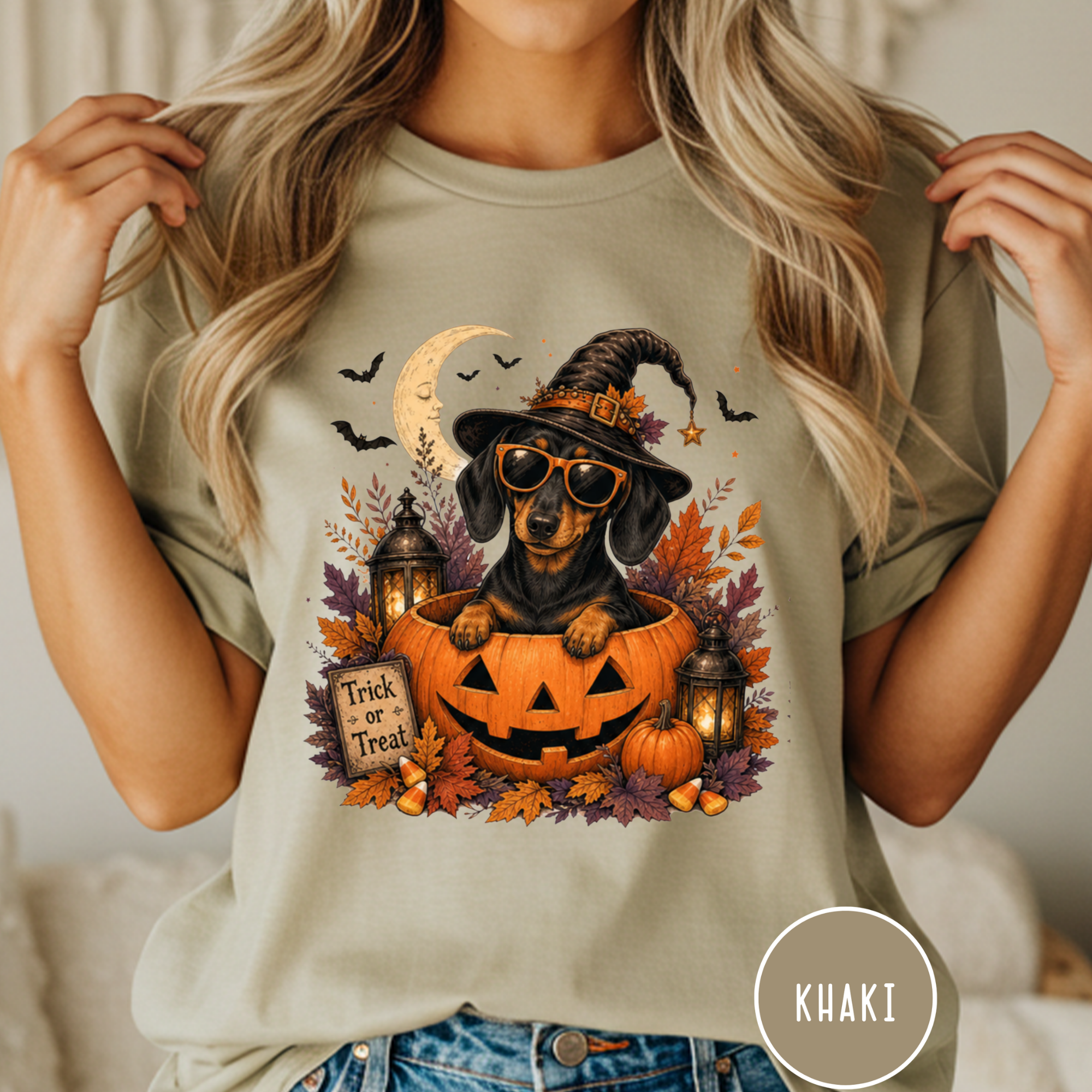 Dachshund in a Jack-o-Lantern T-shirt