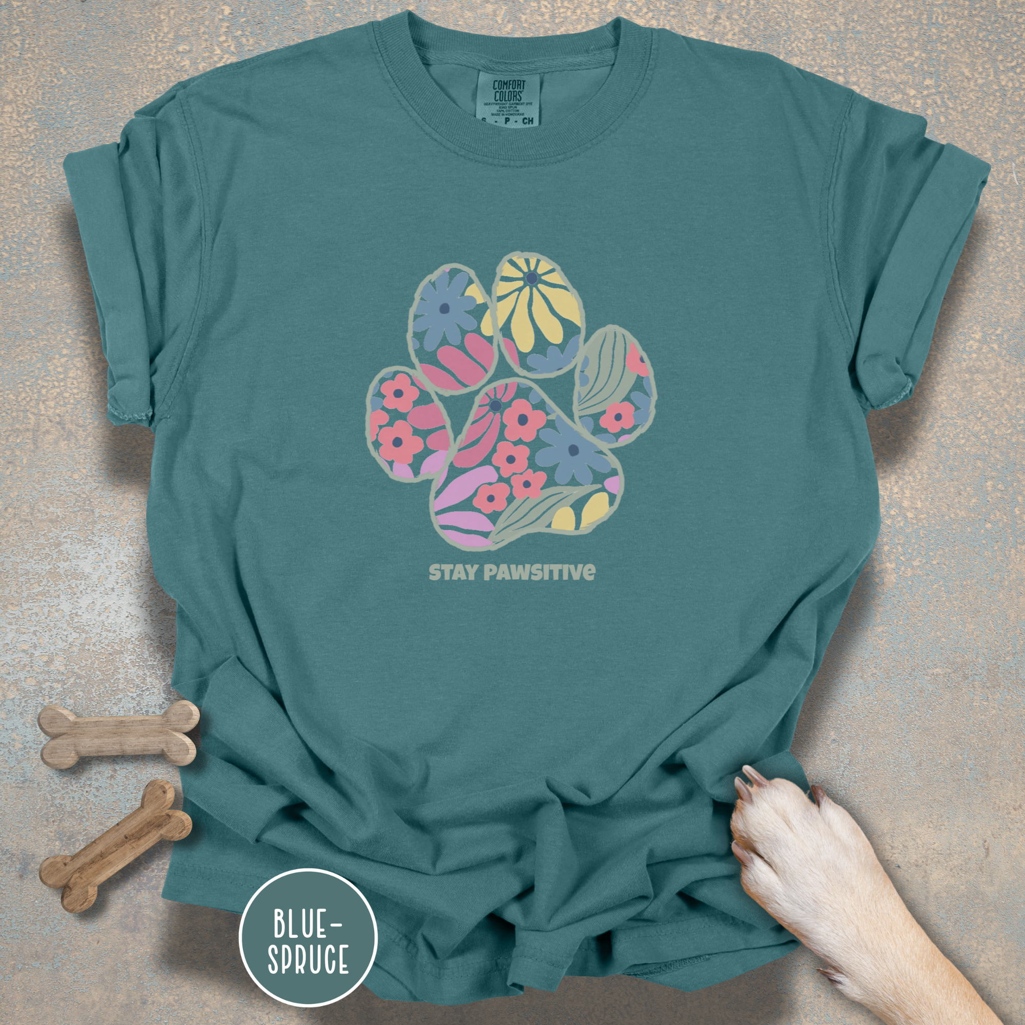 Stay Pawsitive Floral Paw Print T-Shirt