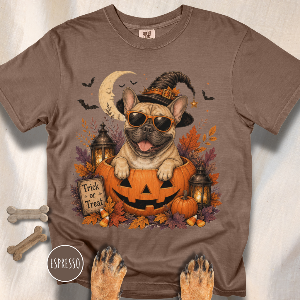 French Bull Dog in a Jack-o-Lantern T-shirt
