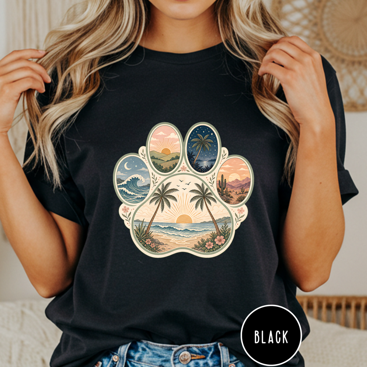 Retro Beach Scene Paw Print T-shirt
