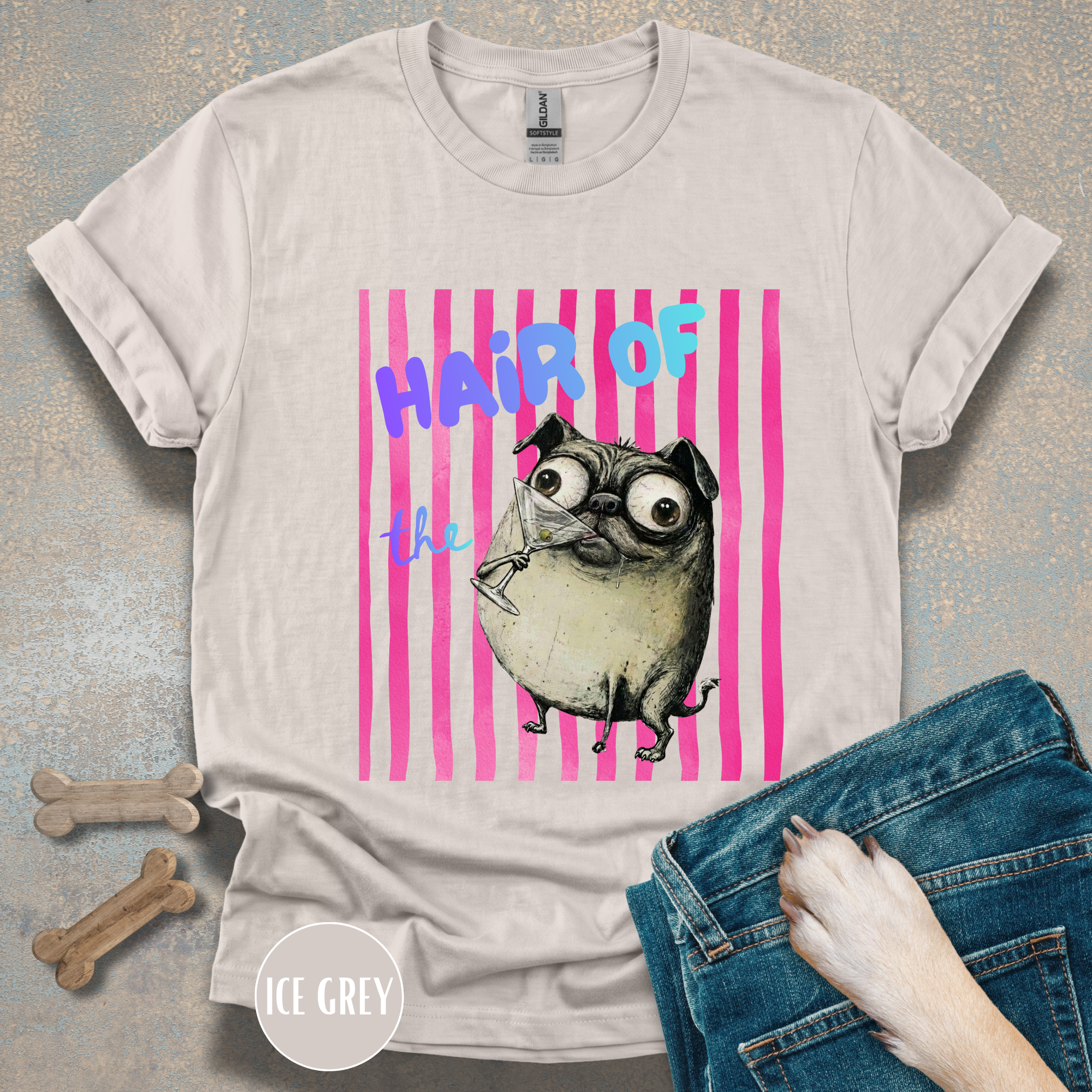 Hair of the Dog Pug Hangover T-Shirt. Pink stripes, blue gradient text