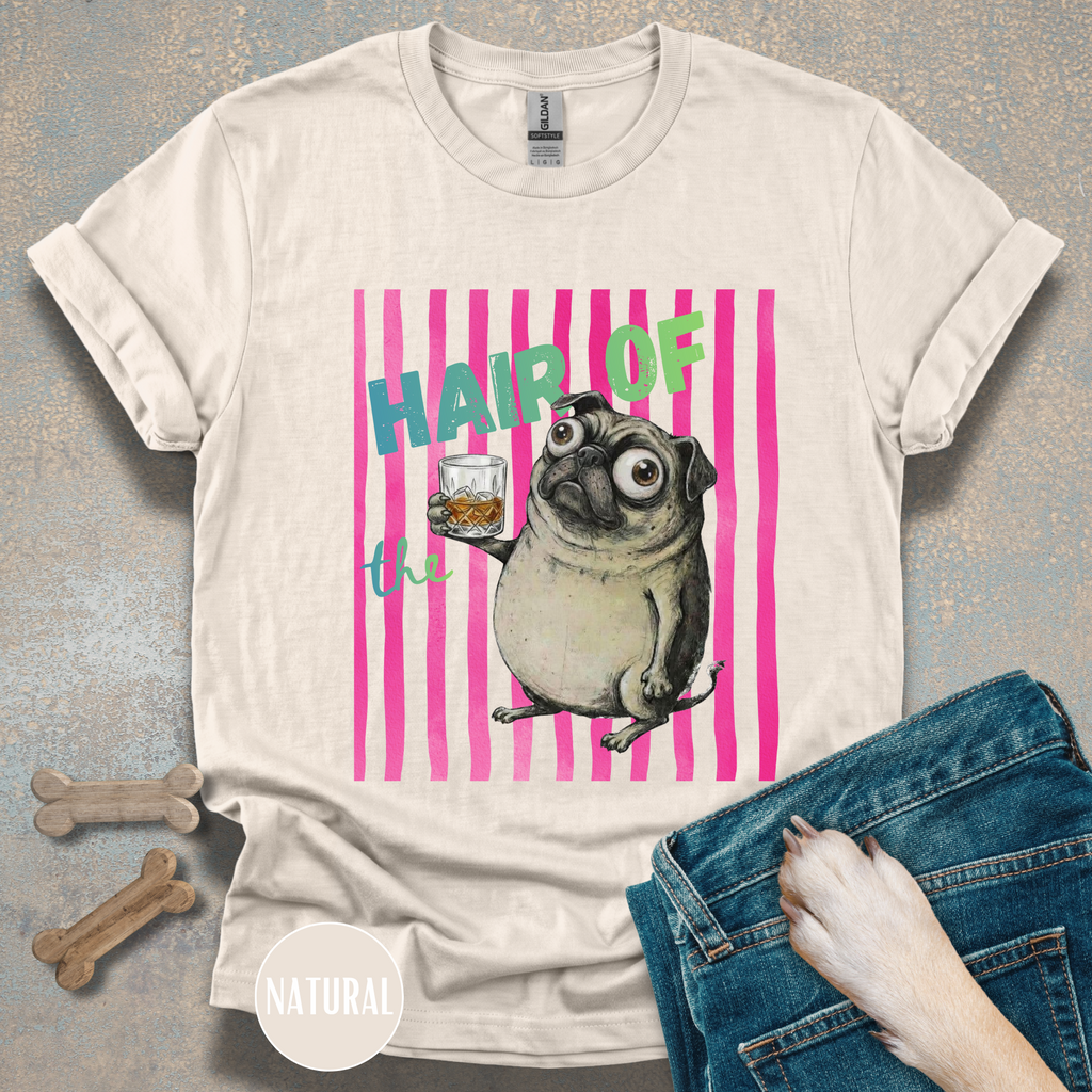 Whiskey, Hair of the Dog Pug Hangover T-Shirt. Pink stripes