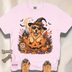 Golden Retriever in a Jack-o-Lantern T-shirt