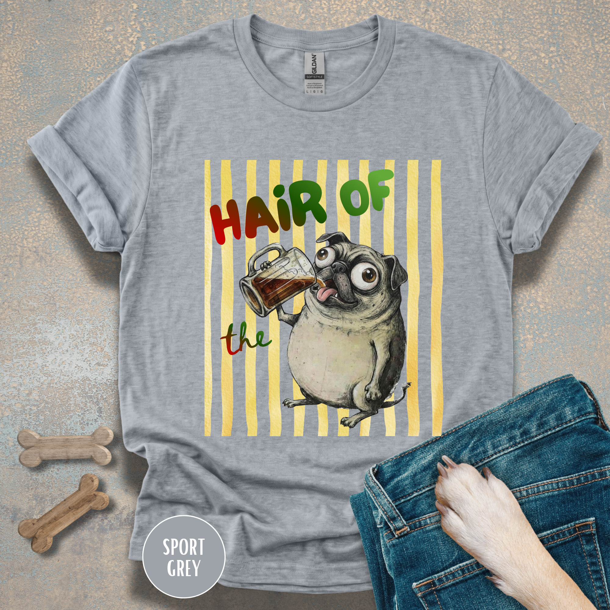 Hair of the Dog Pug with Beer T-shirt, Yellow stripes