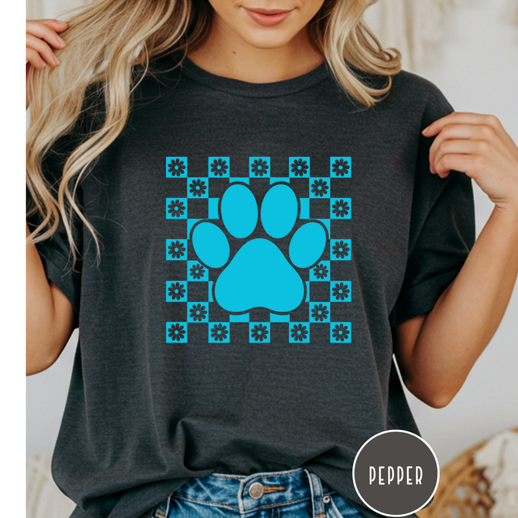 Retro Daisy Grid Paw Print T-shirt