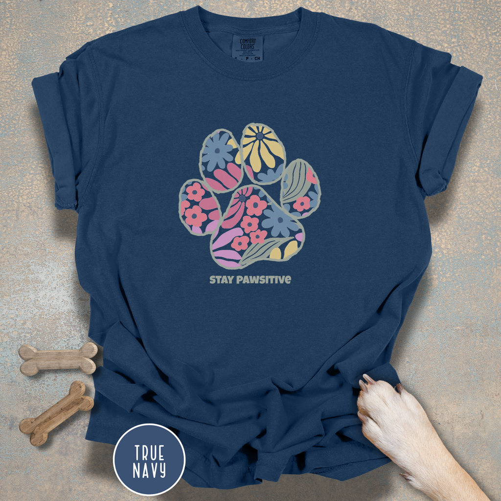 Stay Pawsitive Floral Paw Print T-Shirt