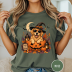 Golden Retriever in a Jack-o-Lantern T-shirt