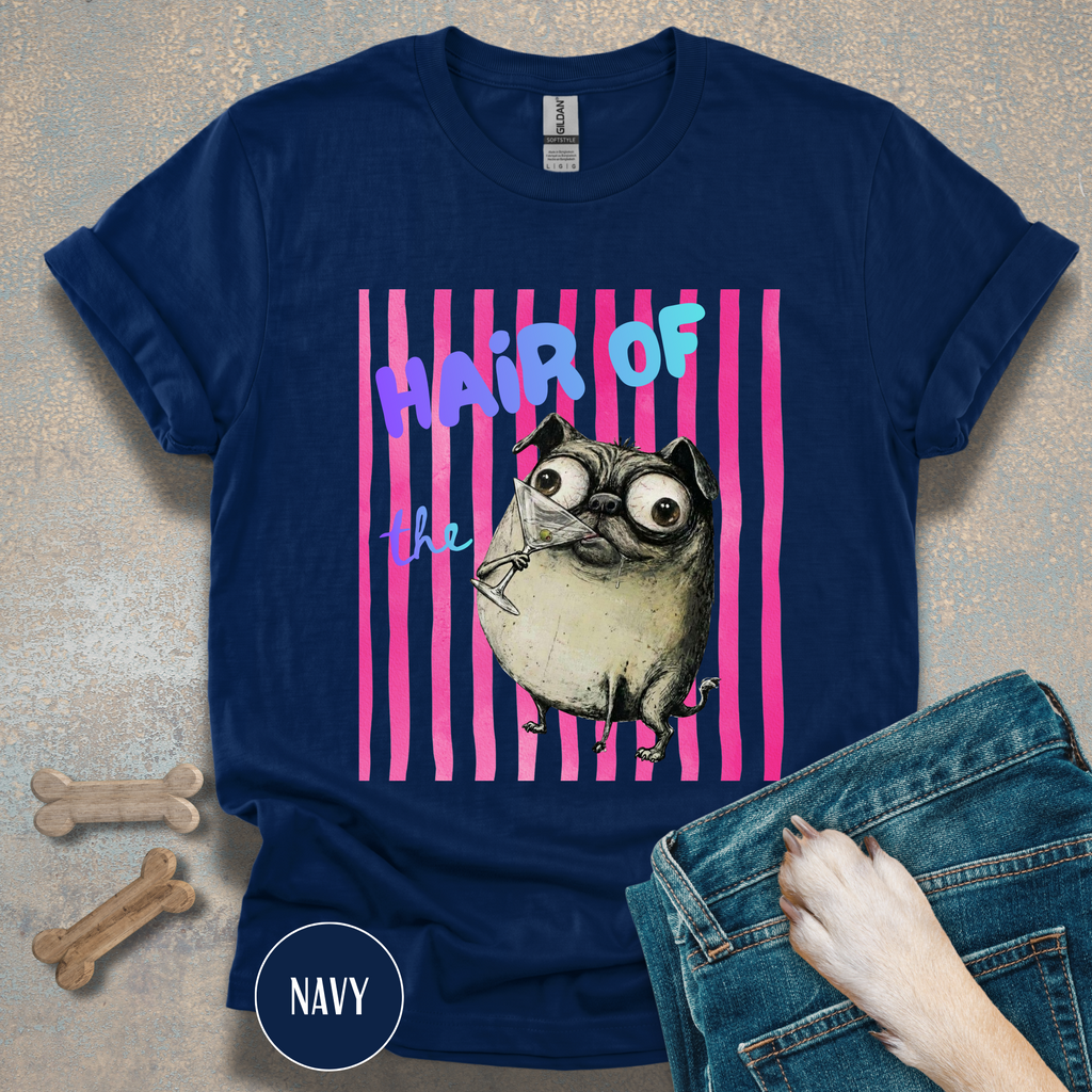 Hair of the Dog Pug Hangover T-Shirt. Pink stripes, blue gradient text