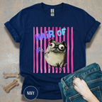 Hair of the Dog Pug Hangover T-Shirt. Pink stripes, blue gradient text