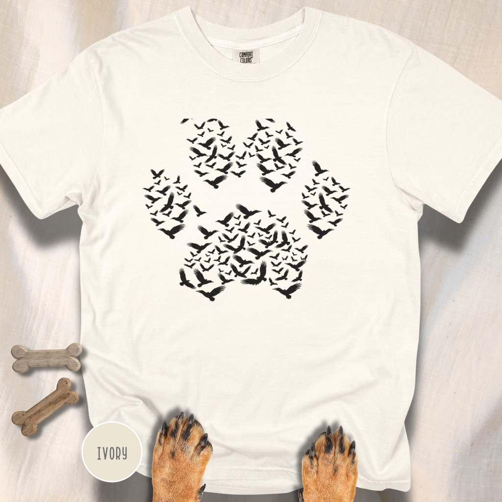 Murder of Crows in Flight Dog Paw T-shirt