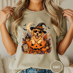 Golden Retriever in a Jack-o-Lantern T-shirt