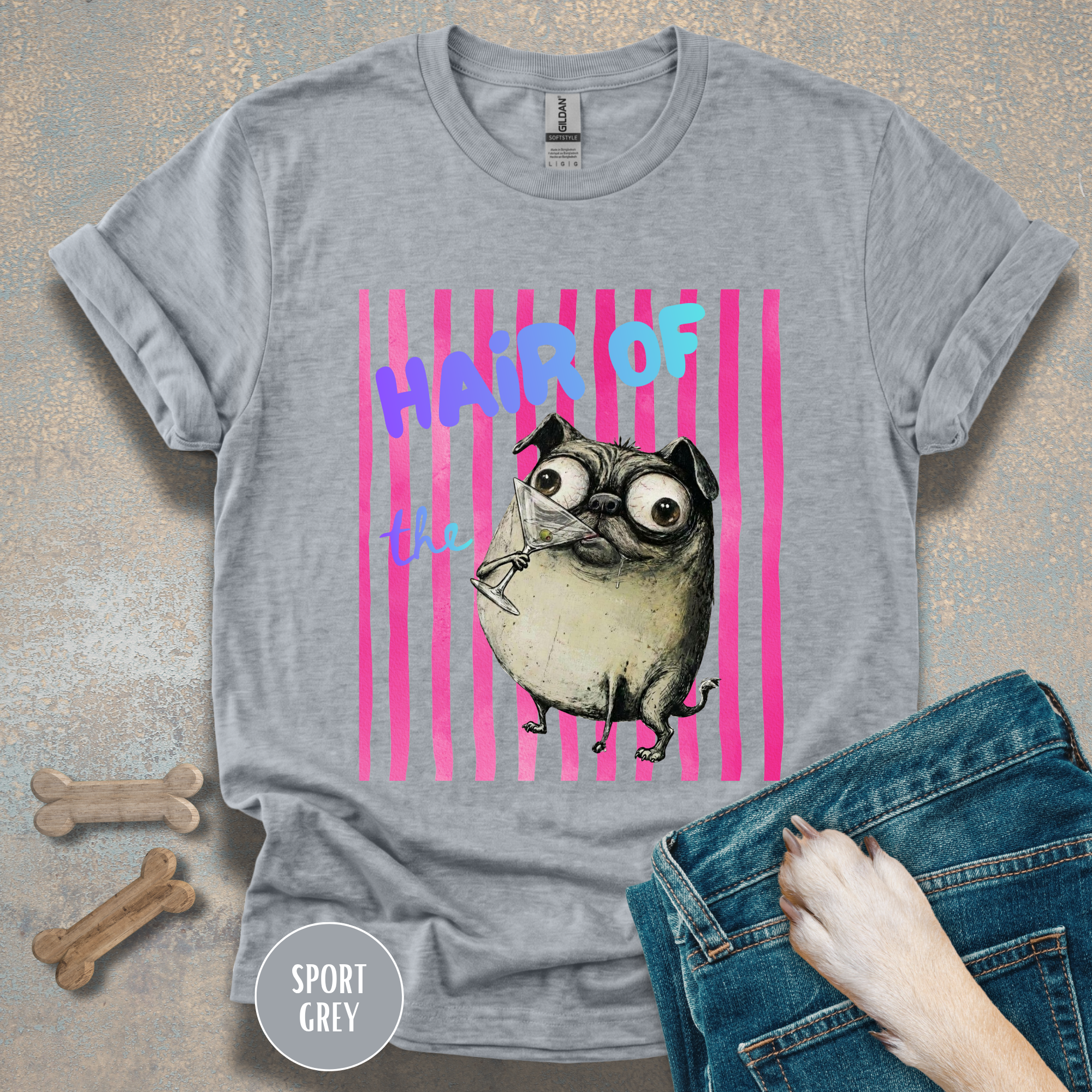 Hair of the Dog Pug Hangover T-Shirt. Pink stripes, blue gradient text