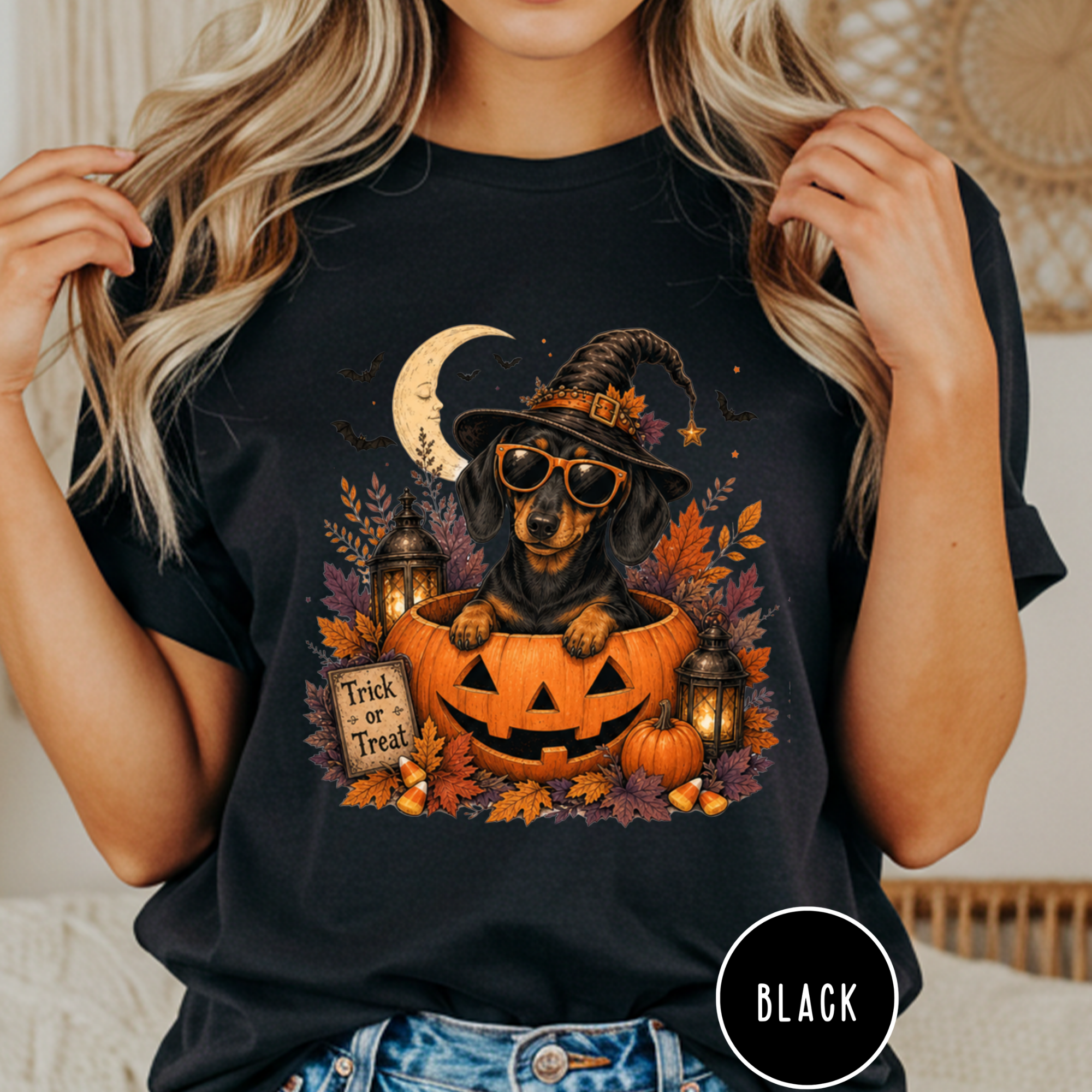 Dachshund in a Jack-o-Lantern T-shirt