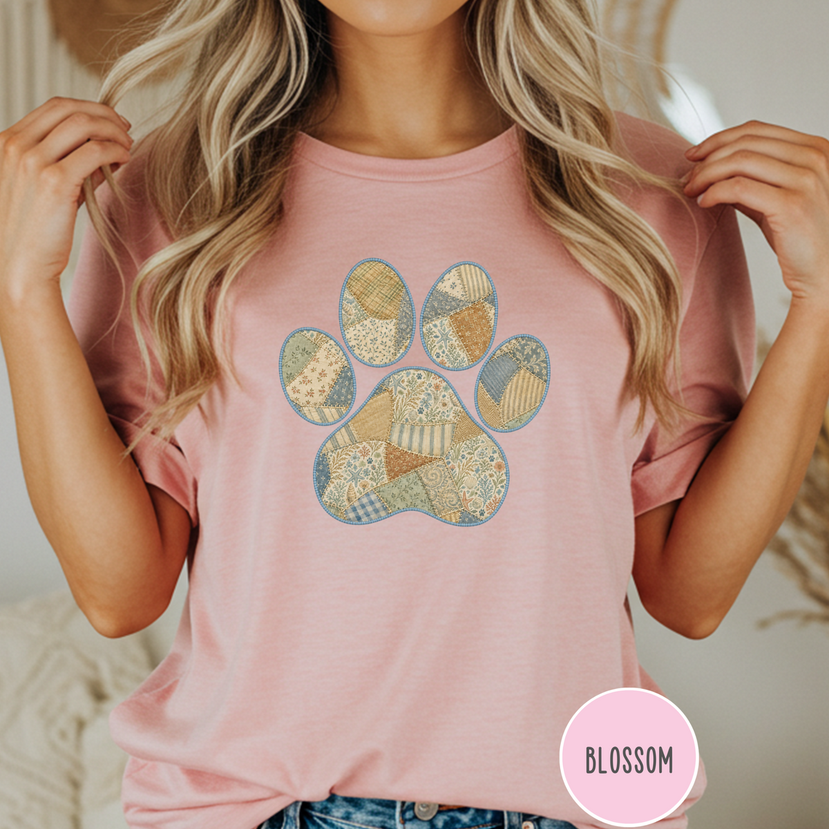Faux Patchwork Coastal Seashore Dog Paw T-Shirt