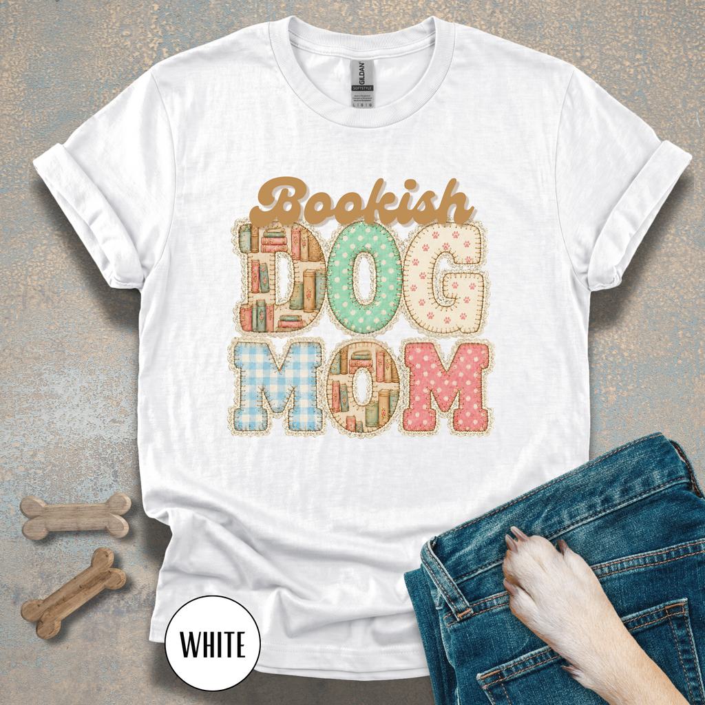Bookish Dog Mom faux patchwork T-Shirt