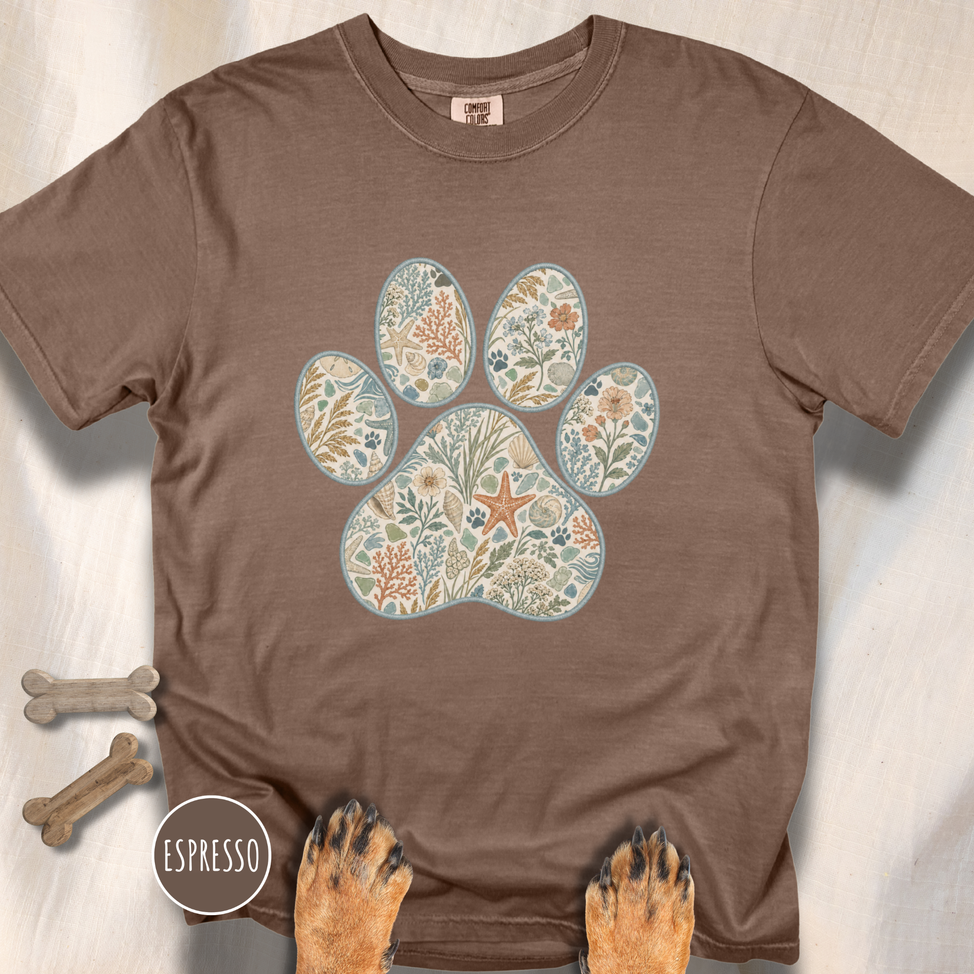 Coastal Seashore Vintage Botanical Dog Paw T-Shirt