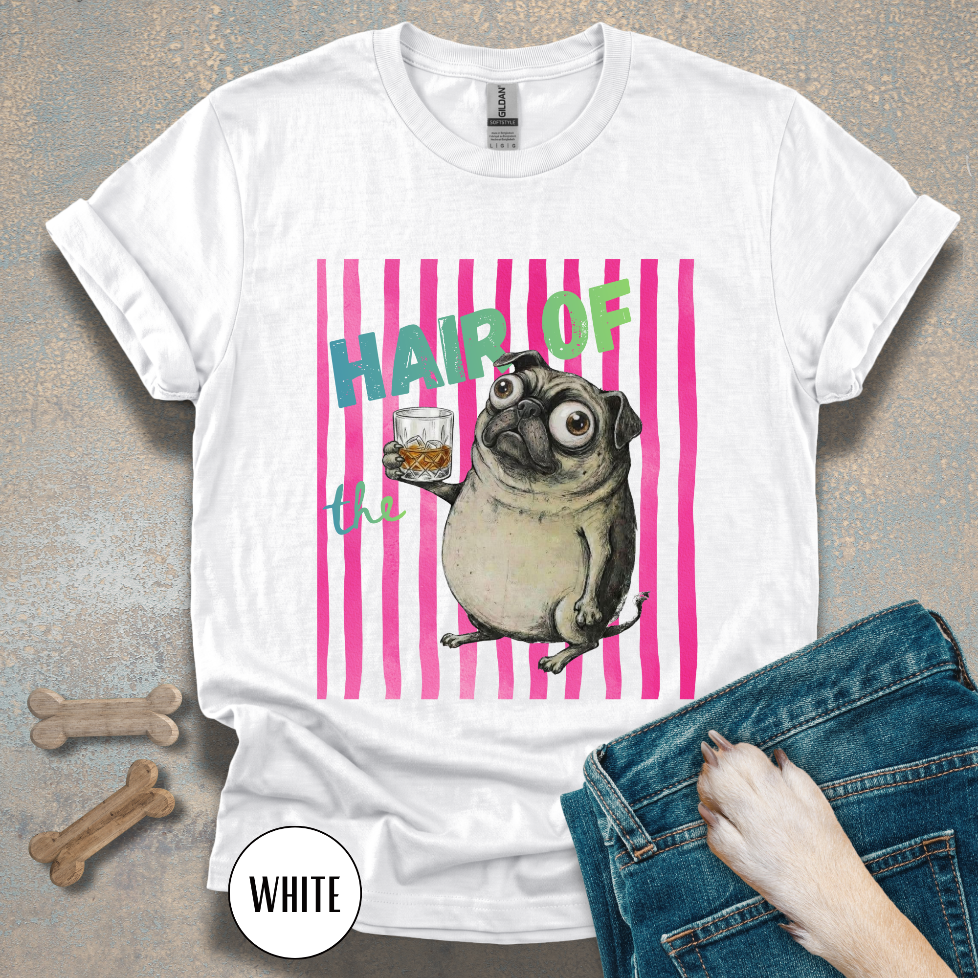 Whiskey, Hair of the Dog Pug Hangover T-Shirt. Pink stripes