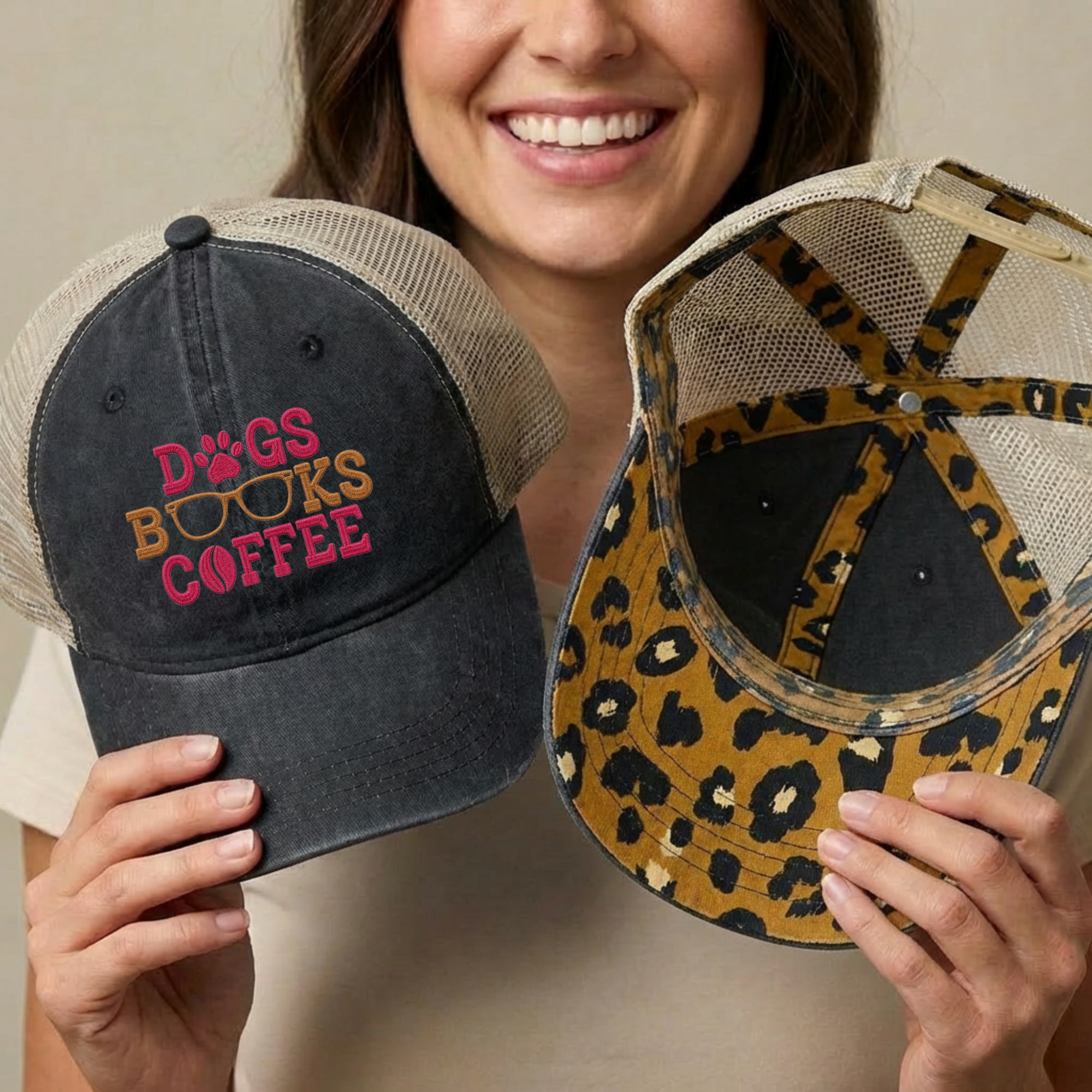 Dogs Books Coffee Embroidered Mesh Trucker Hat