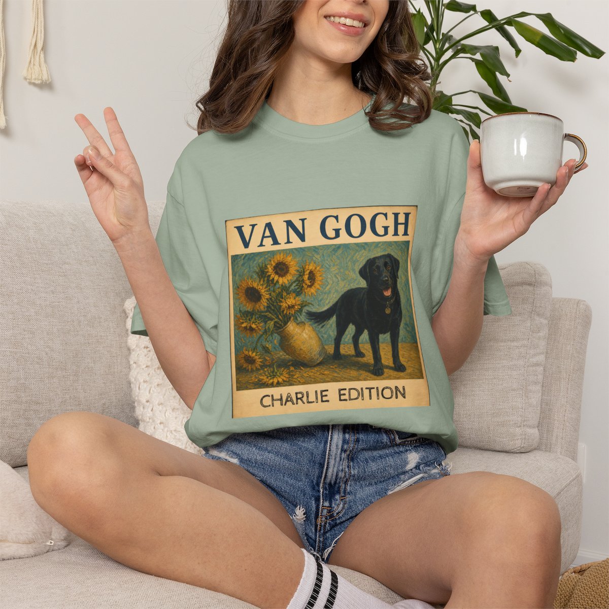 Personalized Black Lab Van Gogh Sunflowers Down T-Shirt