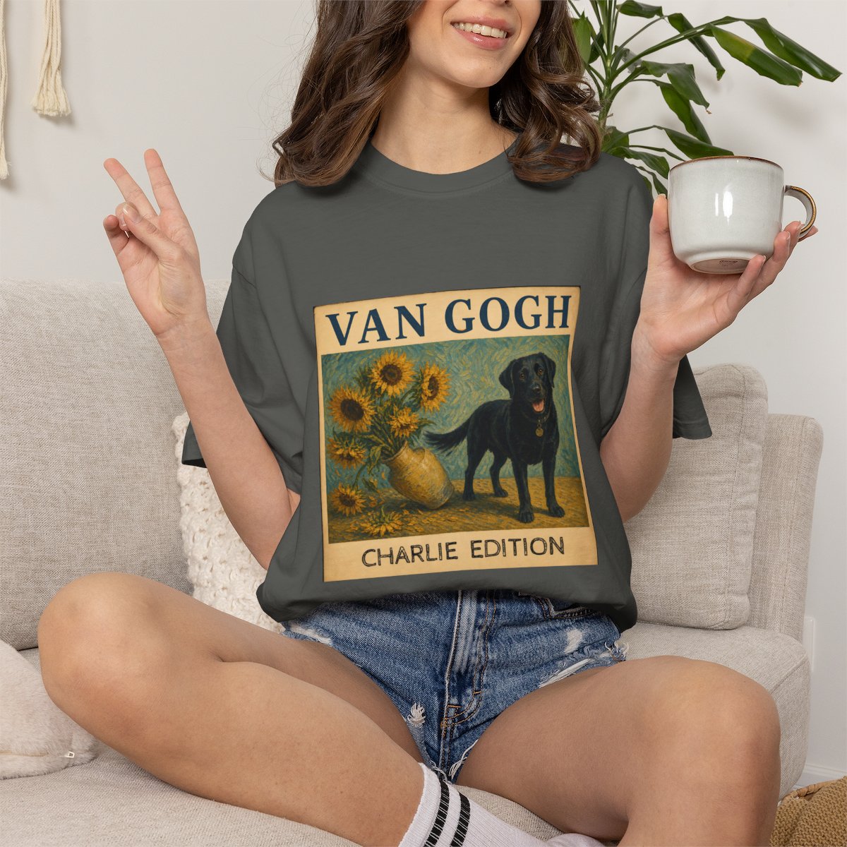 Personalized Black Lab Van Gogh Sunflowers Down T-Shirt