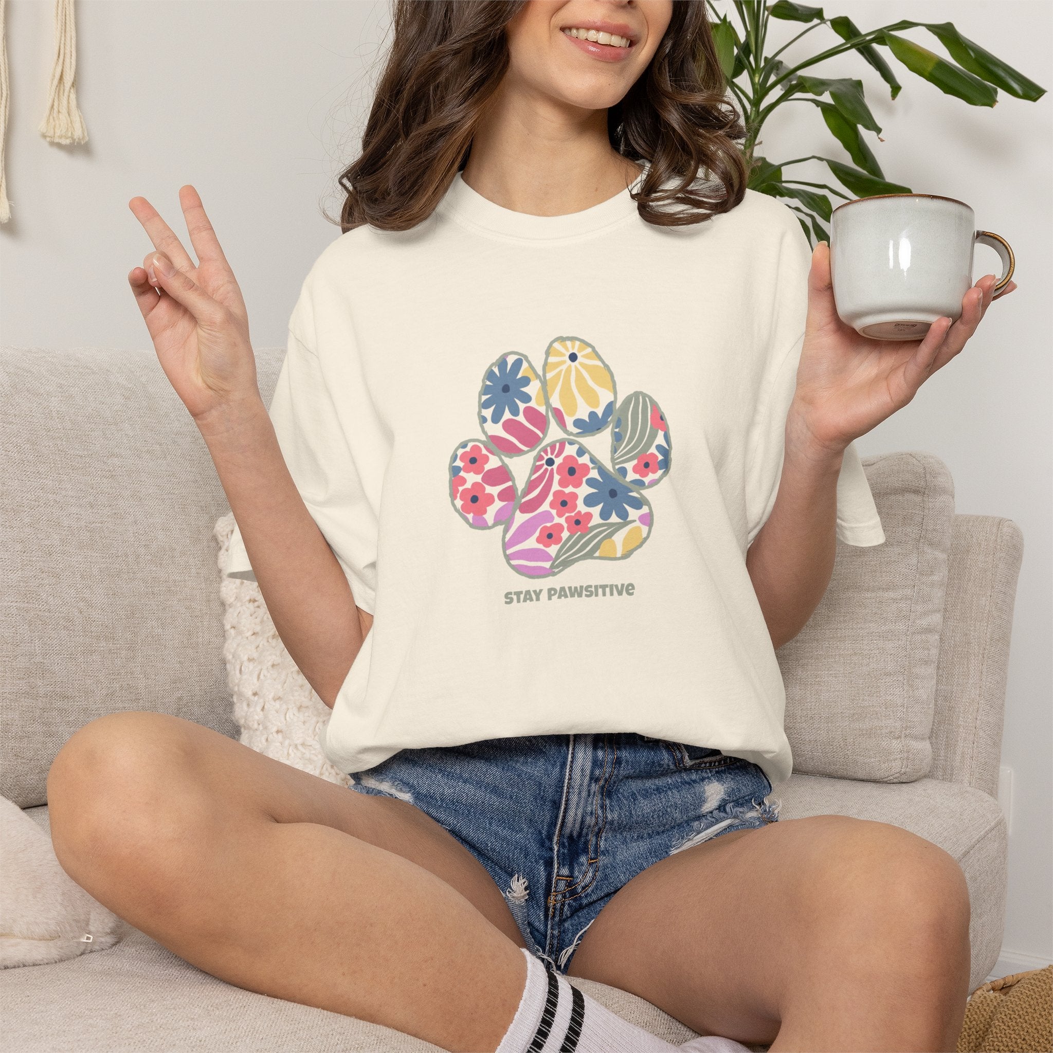 Stay Pawsitive Floral Paw Print T-Shirt