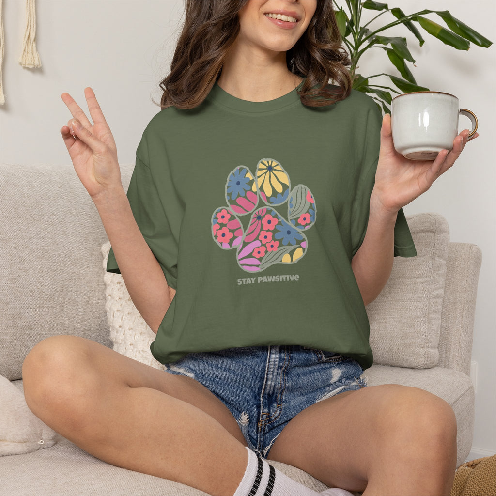 Stay Pawsitive Floral Paw Print T-Shirt