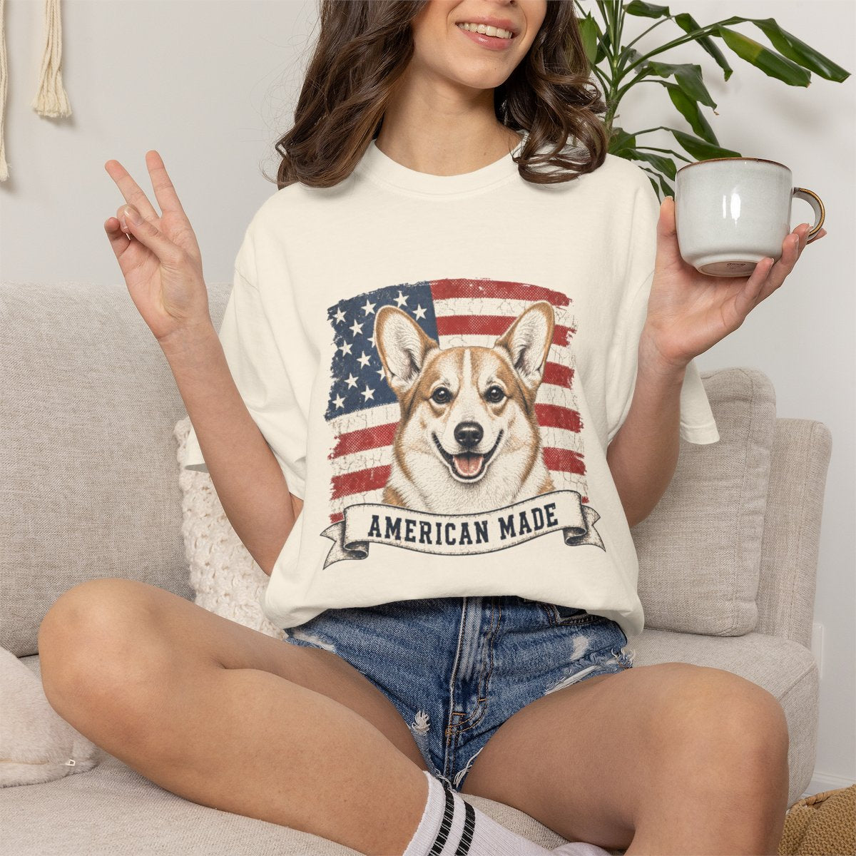 Corgi American Made USA flag T-shirt