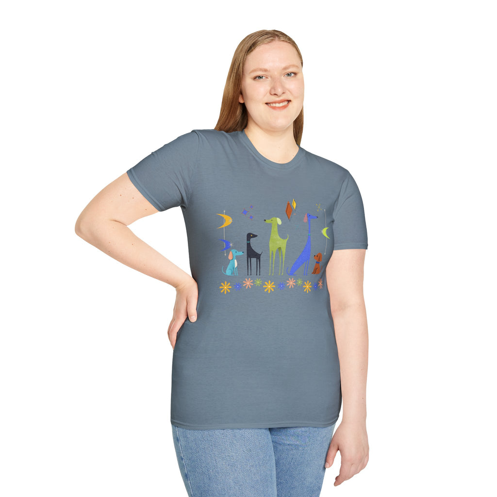 Retro Atomic Dogs Graphic T-Shirt – Mid Century Modern Dog Lover Tee