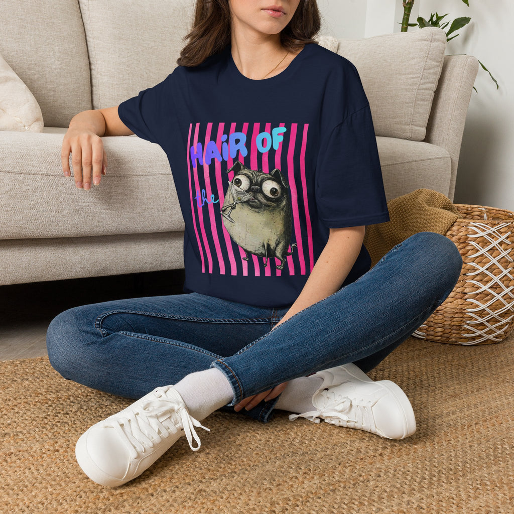 Hair of the Dog Pug Hangover T-Shirt. Pink stripes, blue gradient text