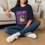 Hair of the Dog Pug Hangover T-Shirt. Pink stripes, blue gradient text
