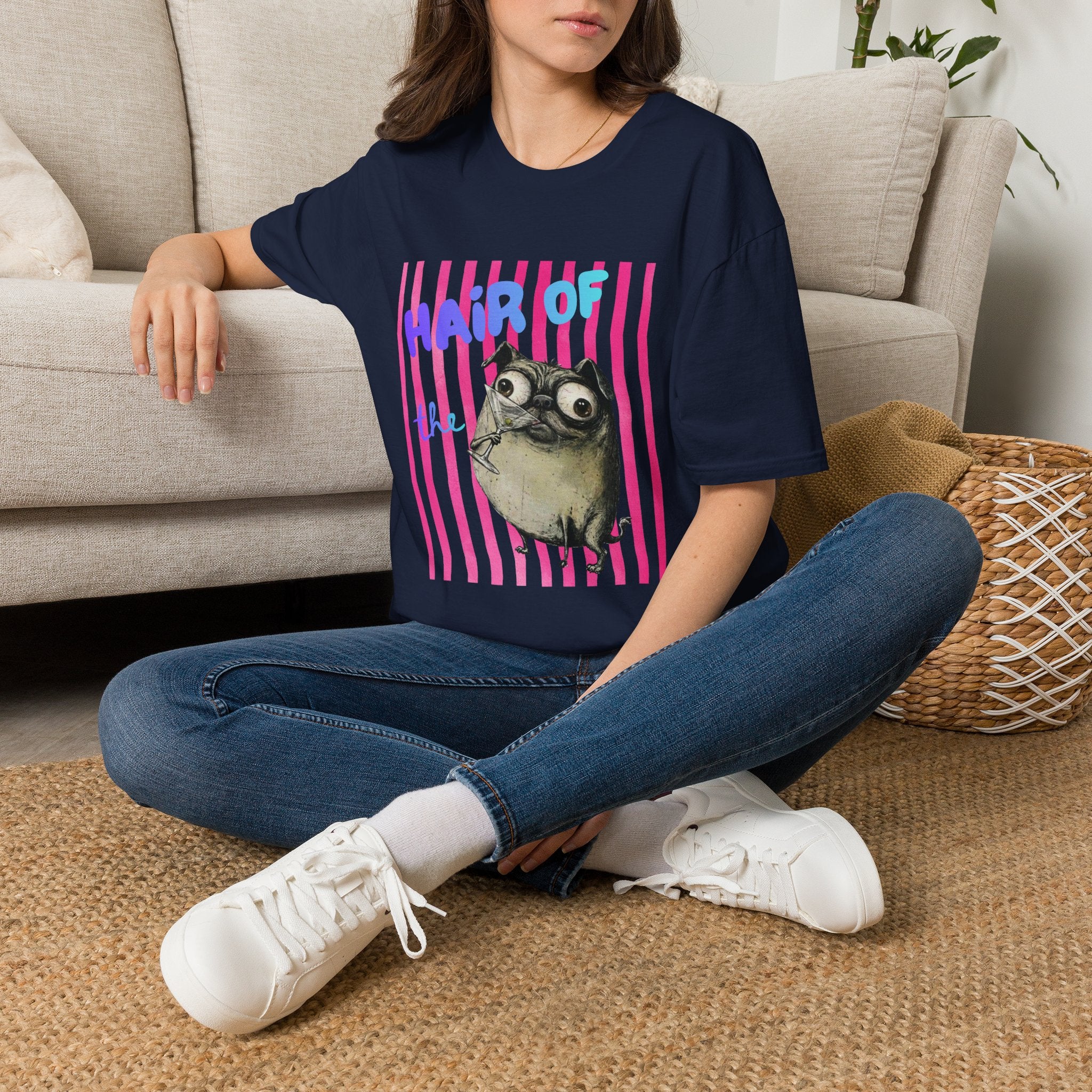 Hair of the Dog Pug Hangover T-Shirt. Pink stripes, blue gradient text