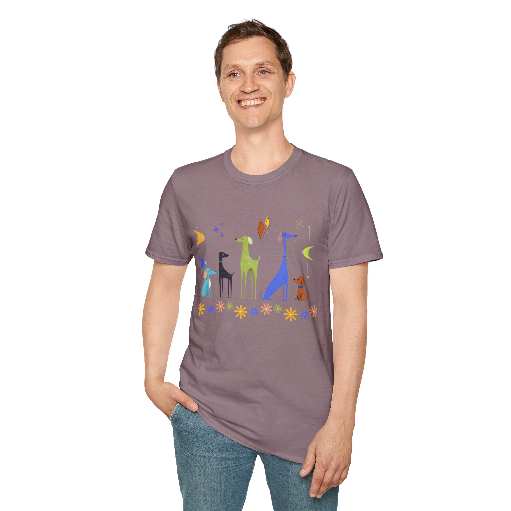 Retro Atomic Dogs Graphic T-Shirt – Mid Century Modern Dog Lover Tee