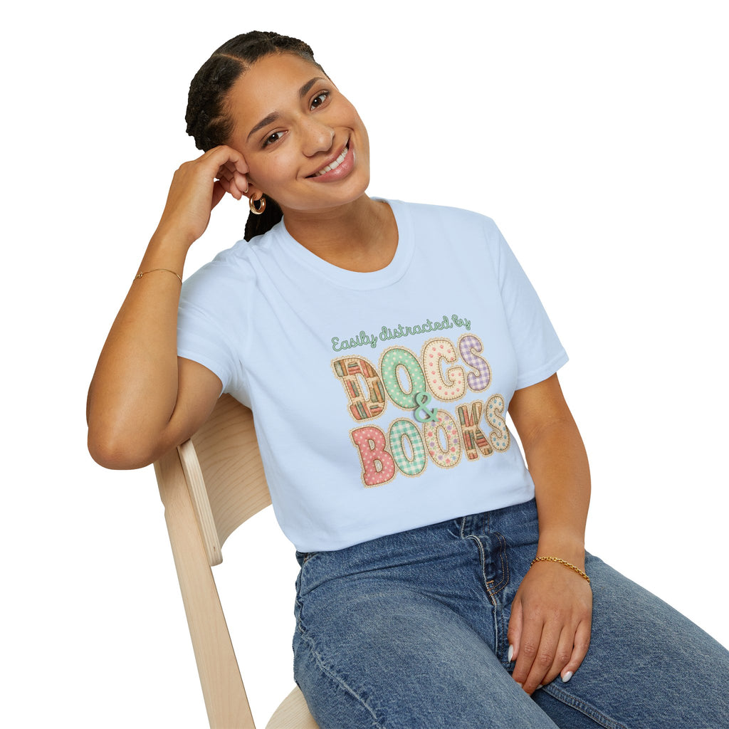 Easily Distracted by Dogs & Books faux patchwork T-Shirt