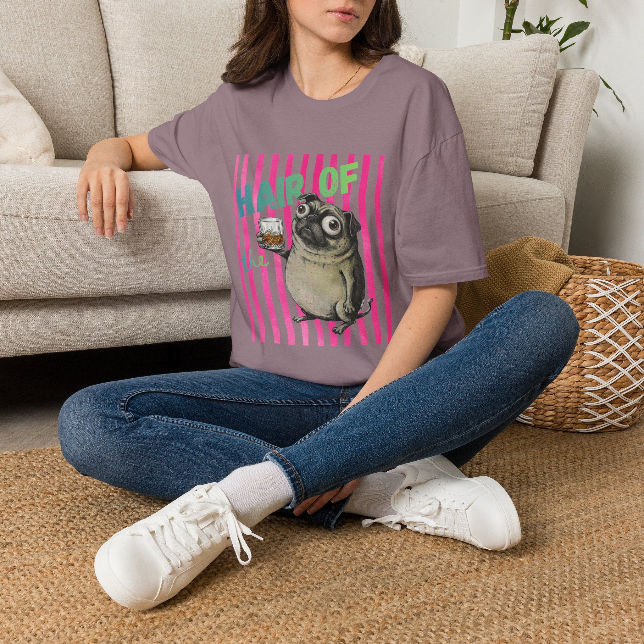 Whiskey, Hair of the Dog Pug Hangover T-Shirt. Pink stripes