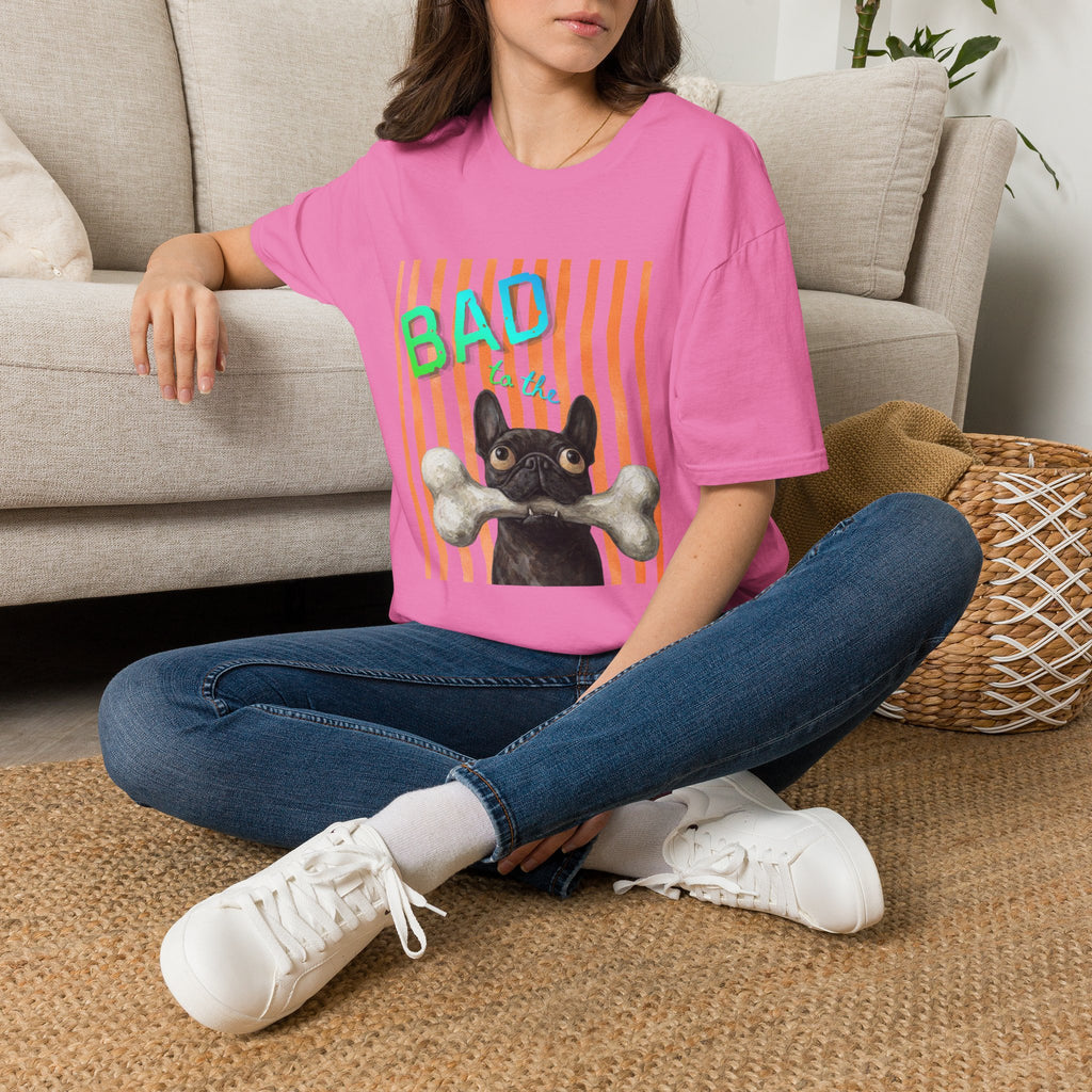 Bad to the Bone French Bulldog T-Shirt. Orange stripes