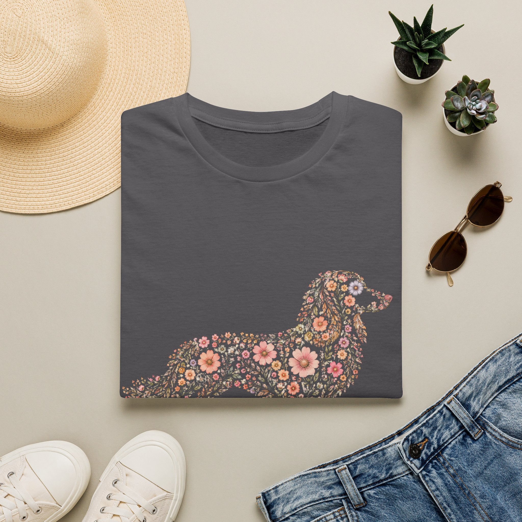 Long Haired Dachshund Floral T-shirt
