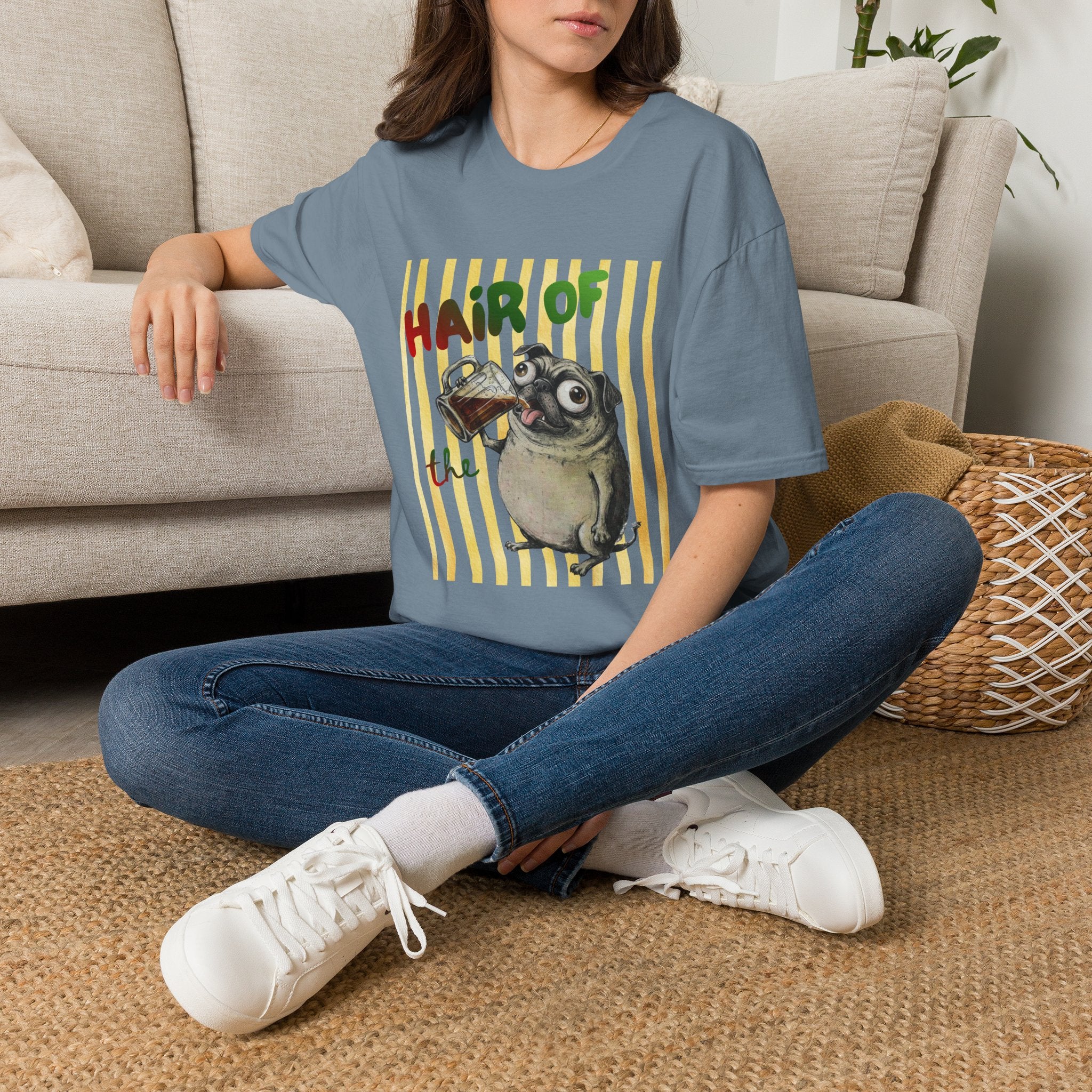 Hair of the Dog Pug with Beer T-shirt, Yellow stripes