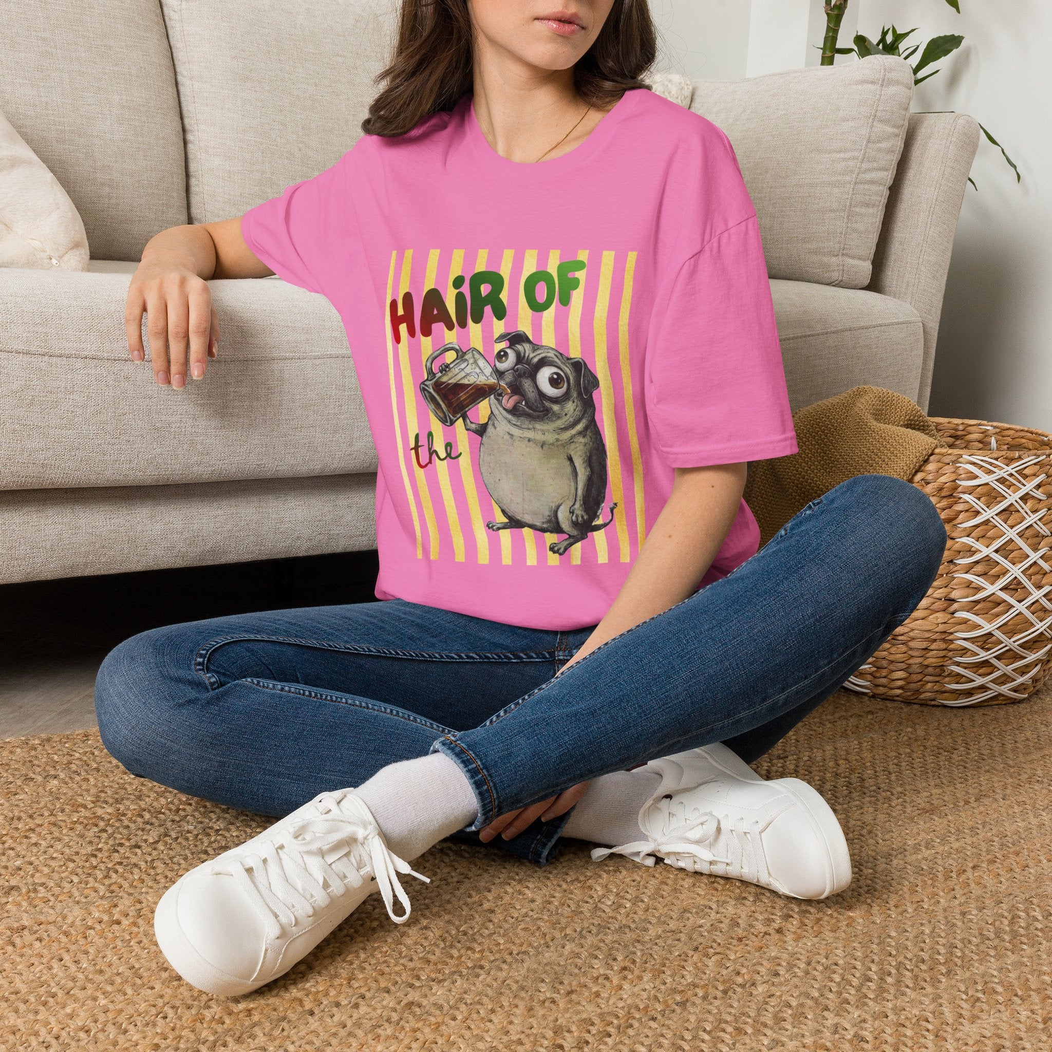 Hair of the Dog Pug with Beer T-shirt, Yellow stripes