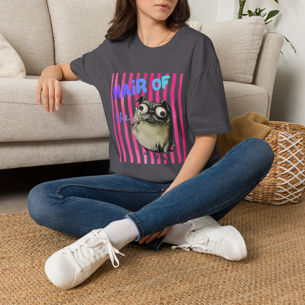 Hair of the Dog Pug Hangover T-Shirt. Pink stripes, blue gradient text