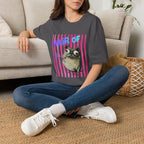 Hair of the Dog Pug Hangover T-Shirt. Pink stripes, blue gradient text