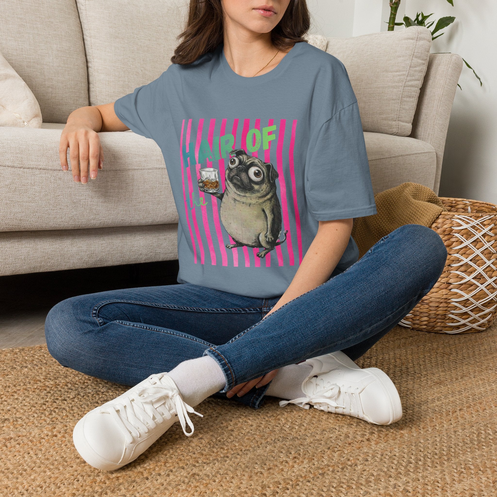 Whiskey, Hair of the Dog Pug Hangover T-Shirt. Pink stripes