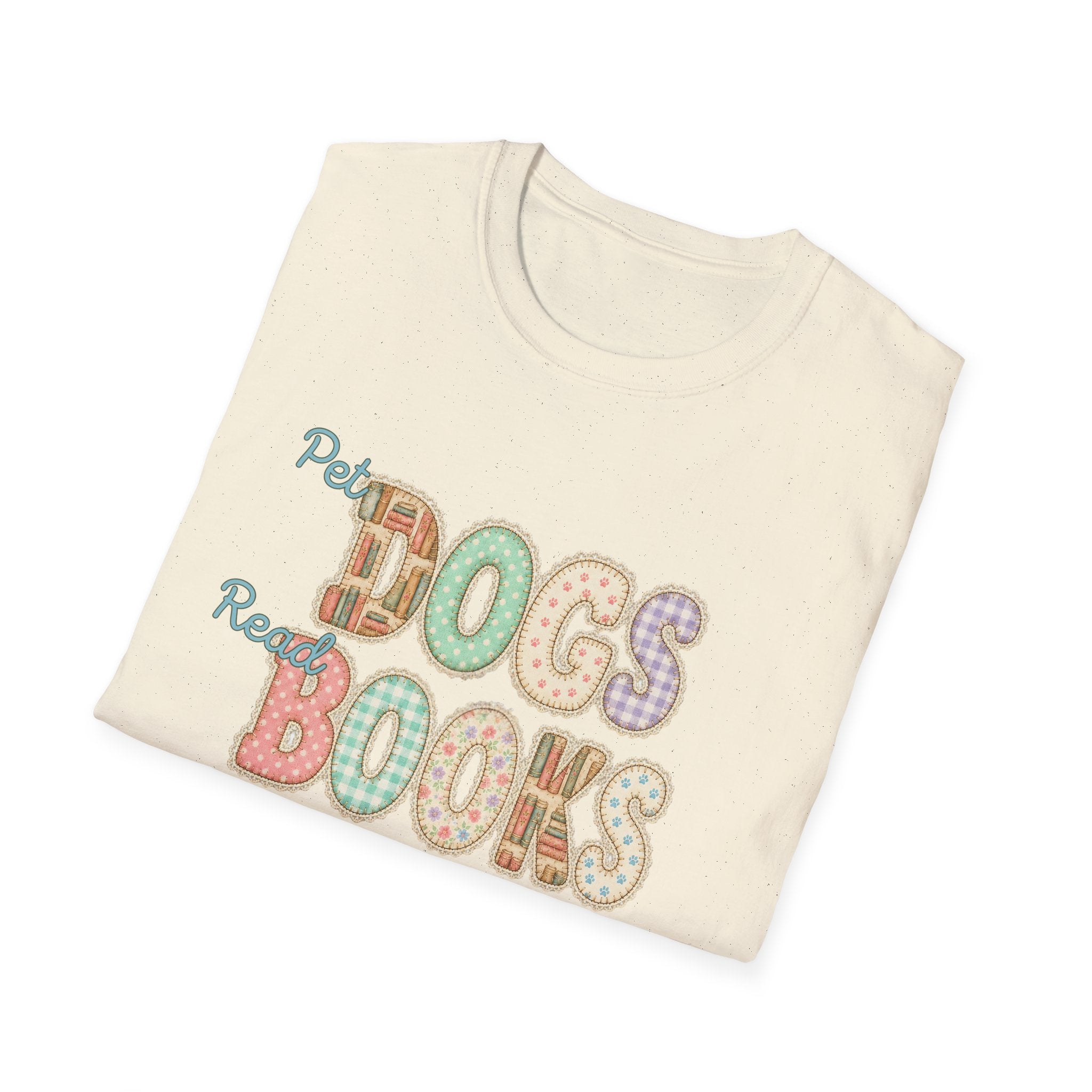 Pet Dogs, Read Books, Be Happy faux patchwork T-Shirt