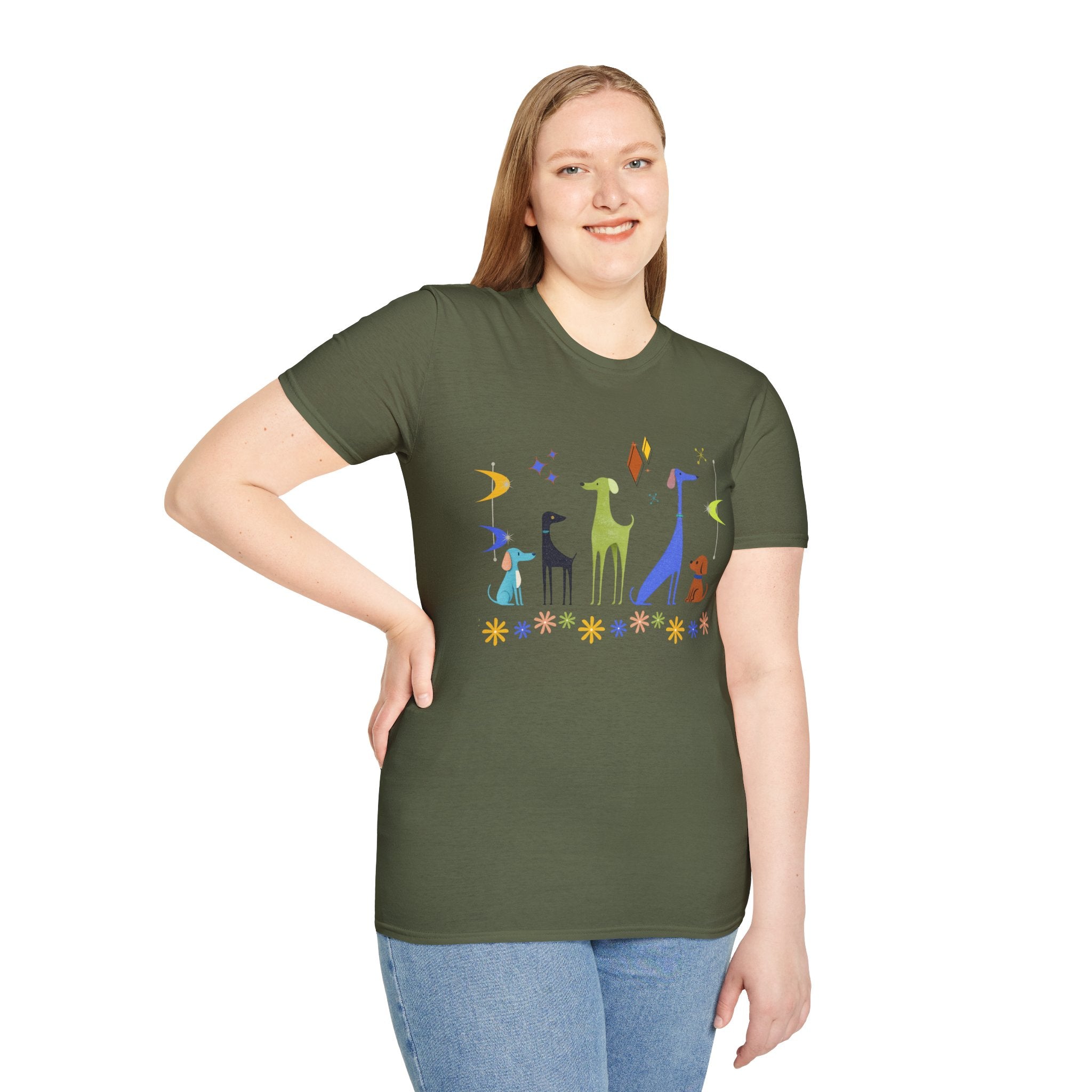 Retro Atomic Dogs Graphic T-Shirt – Mid Century Modern Dog Lover Tee
