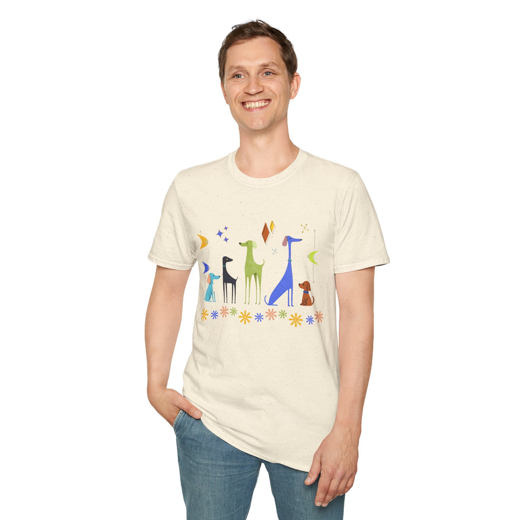 Retro Atomic Dogs Graphic T-Shirt – Mid Century Modern Dog Lover Tee