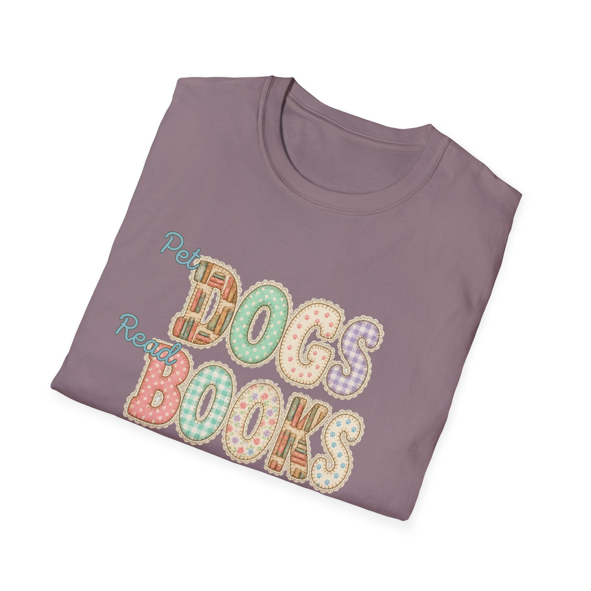 Pet Dogs, Read Books, Be Happy faux patchwork T-Shirt