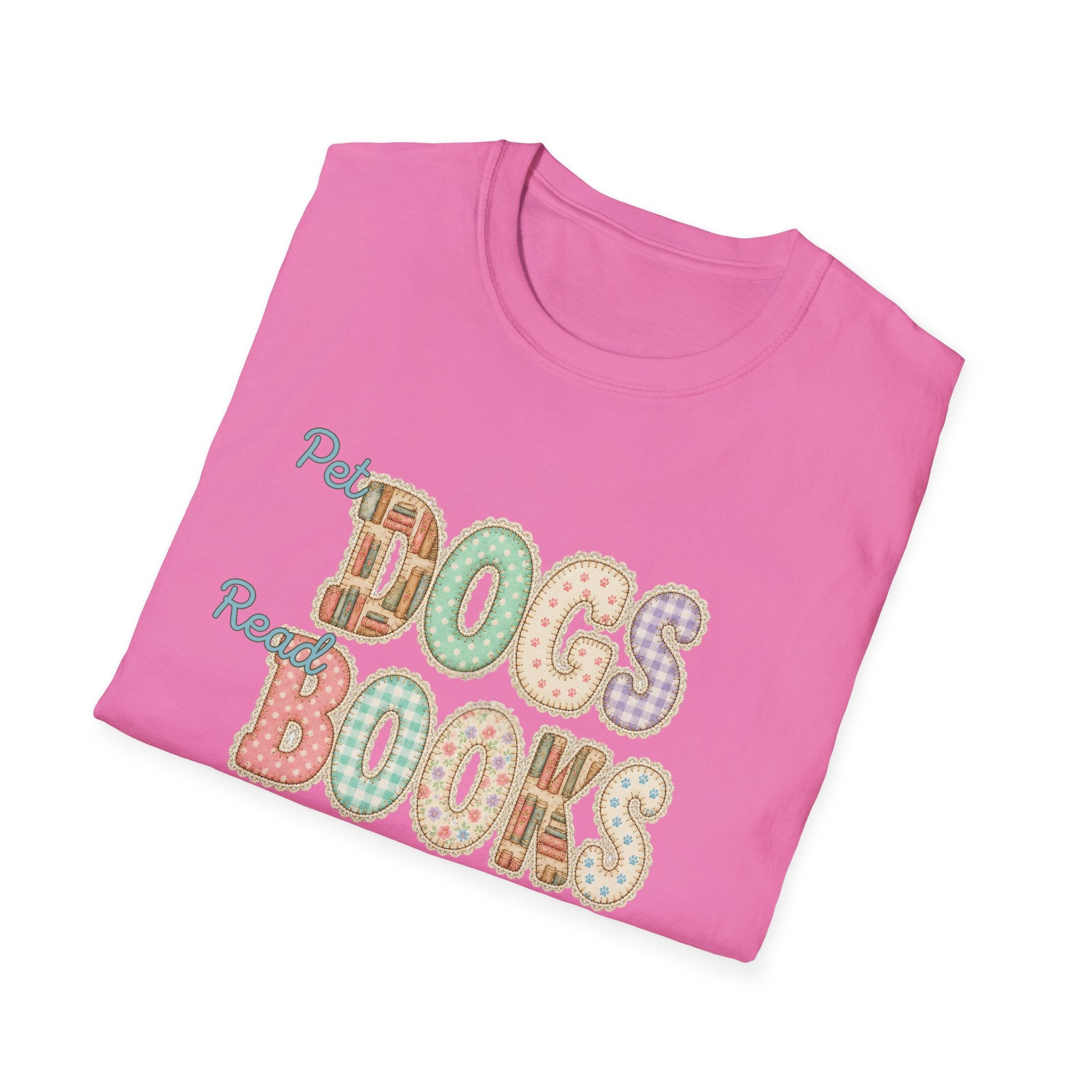 Pet Dogs, Read Books, Be Happy faux patchwork T-Shirt