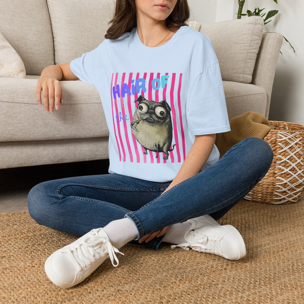 Hair of the Dog Pug Hangover T-Shirt. Pink stripes, blue gradient text