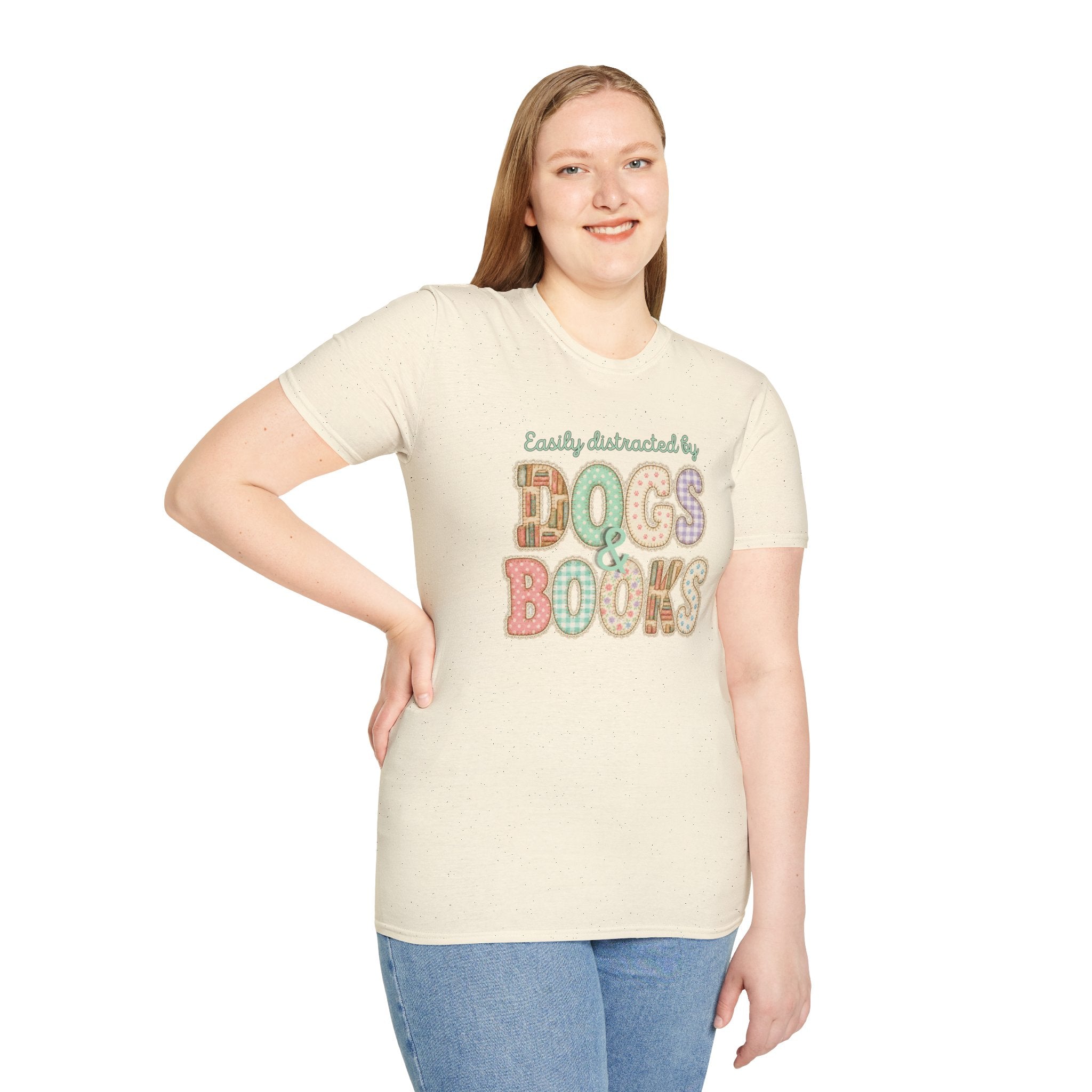 Easily Distracted by Dogs & Books faux patchwork T-Shirt